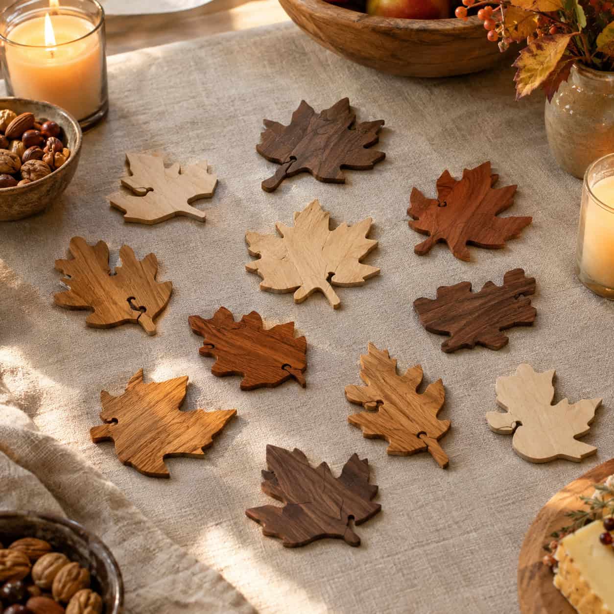 Scattered Wooden Oak Leaves