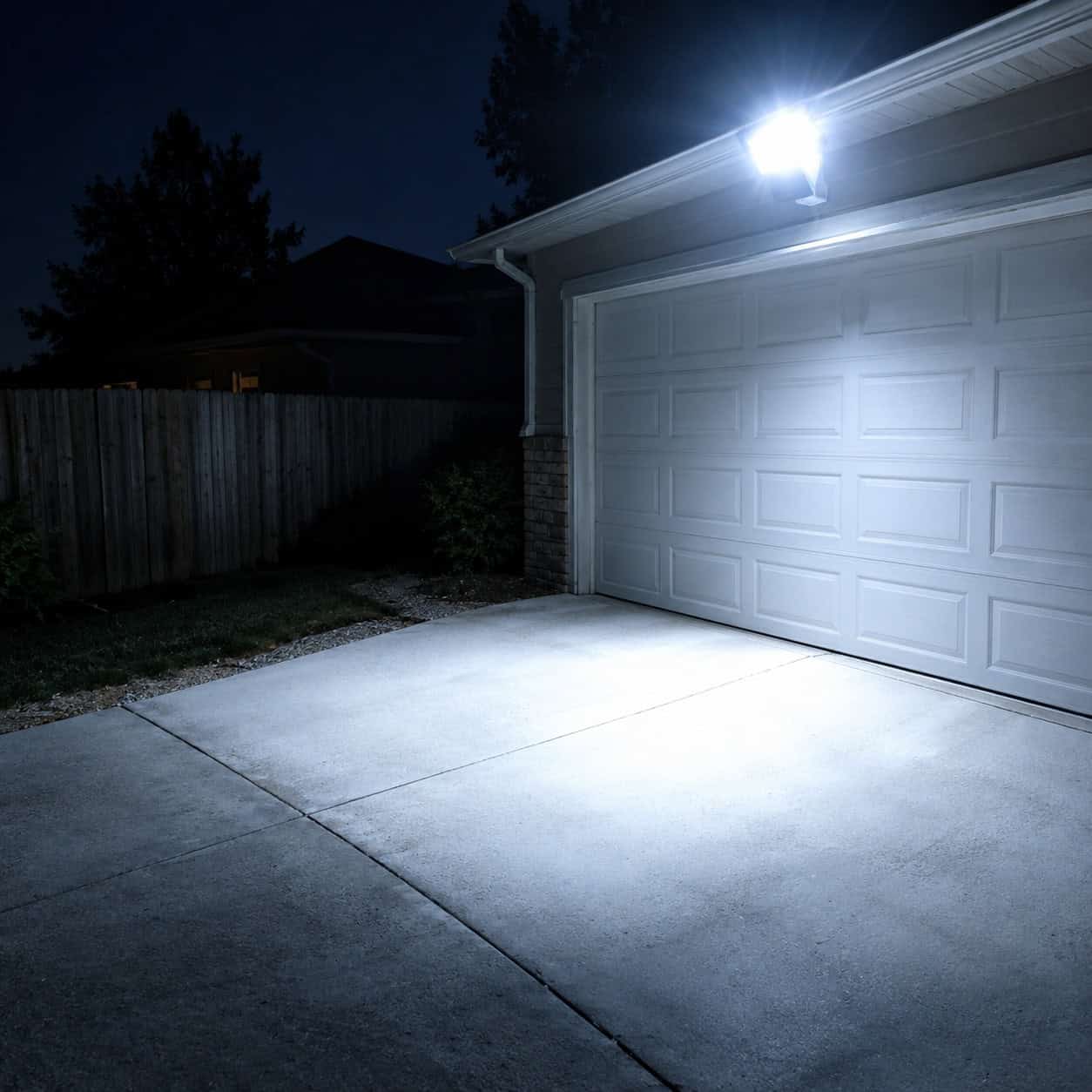 A Blue-White Security Floodlight on the Garage