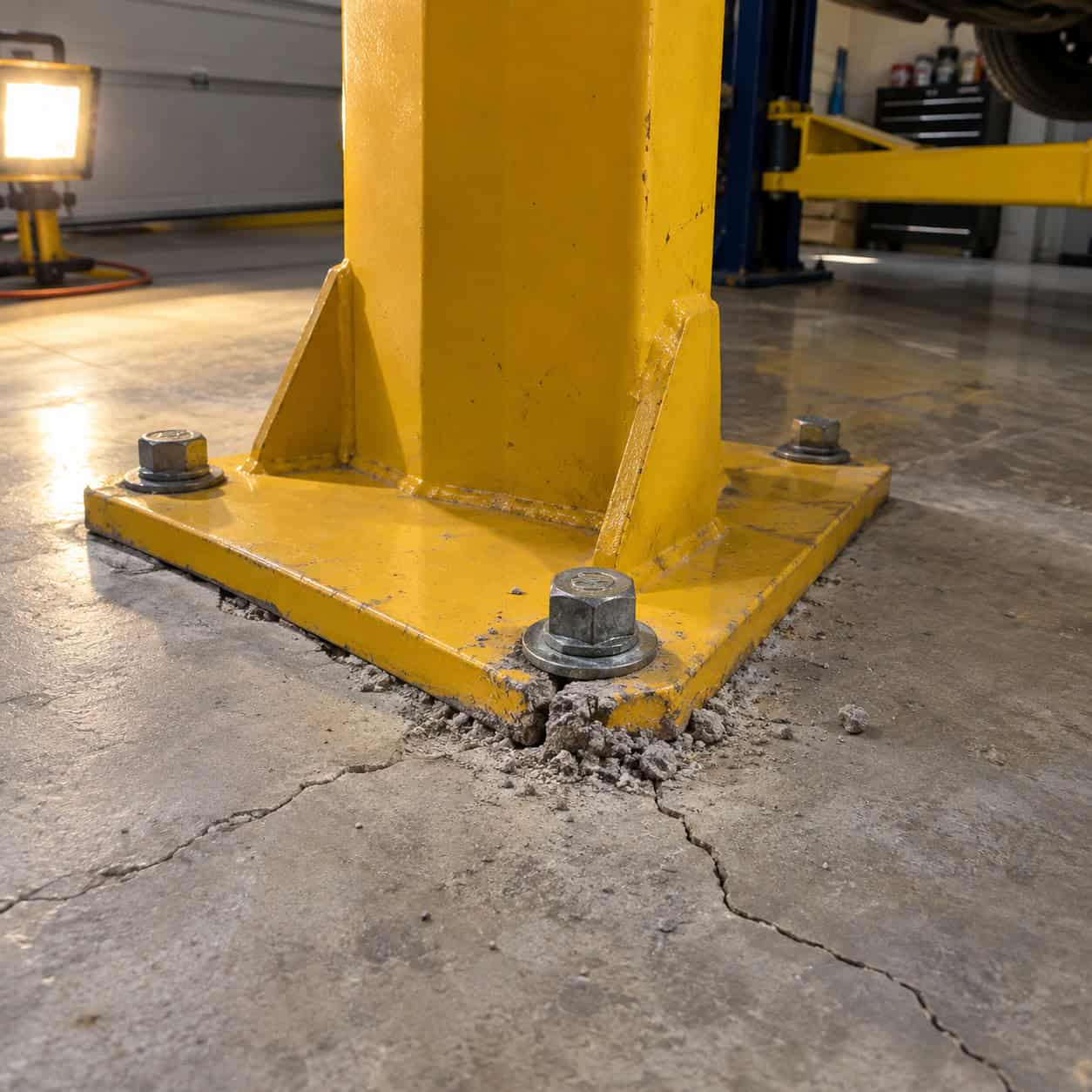 A two-post car lift on an unverified slab
