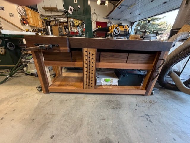 A Walnut, Maple and Oak Workbench Built Entirely With Dominoes