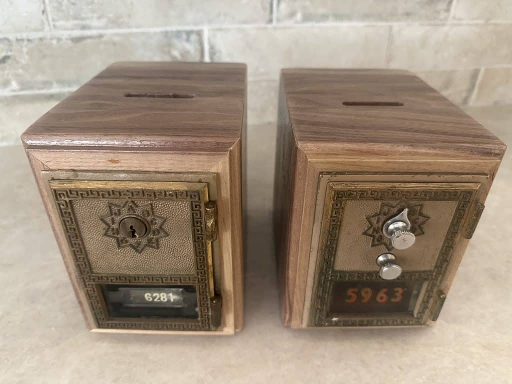 Walnut Piggy Banks Built Around Antique Post Office Doors