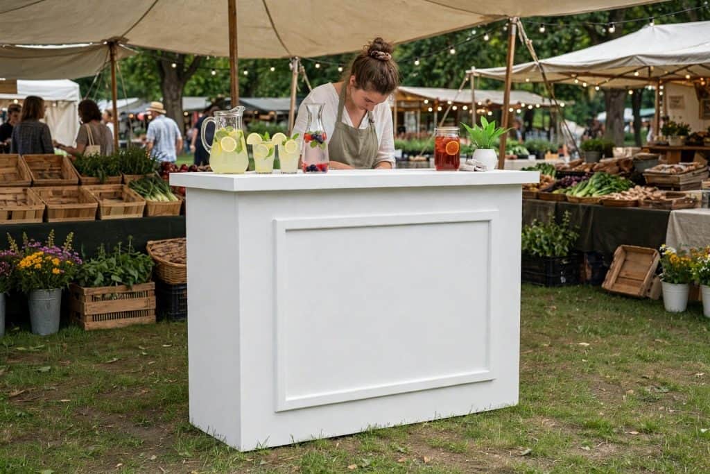 The bar set up at an outdoor market, with pitchers of lemonade and infused water on the service top.
